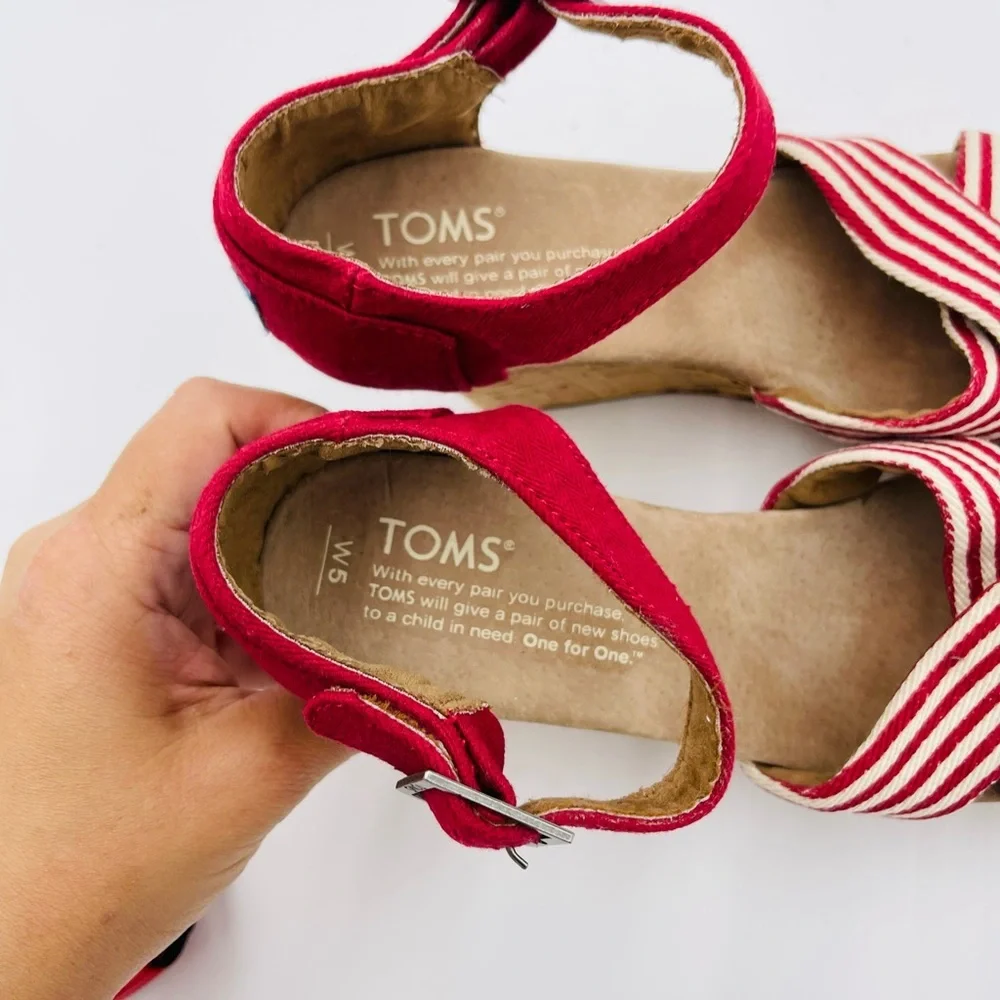 TOMS Multi Strap Red Striped Cork Wedges